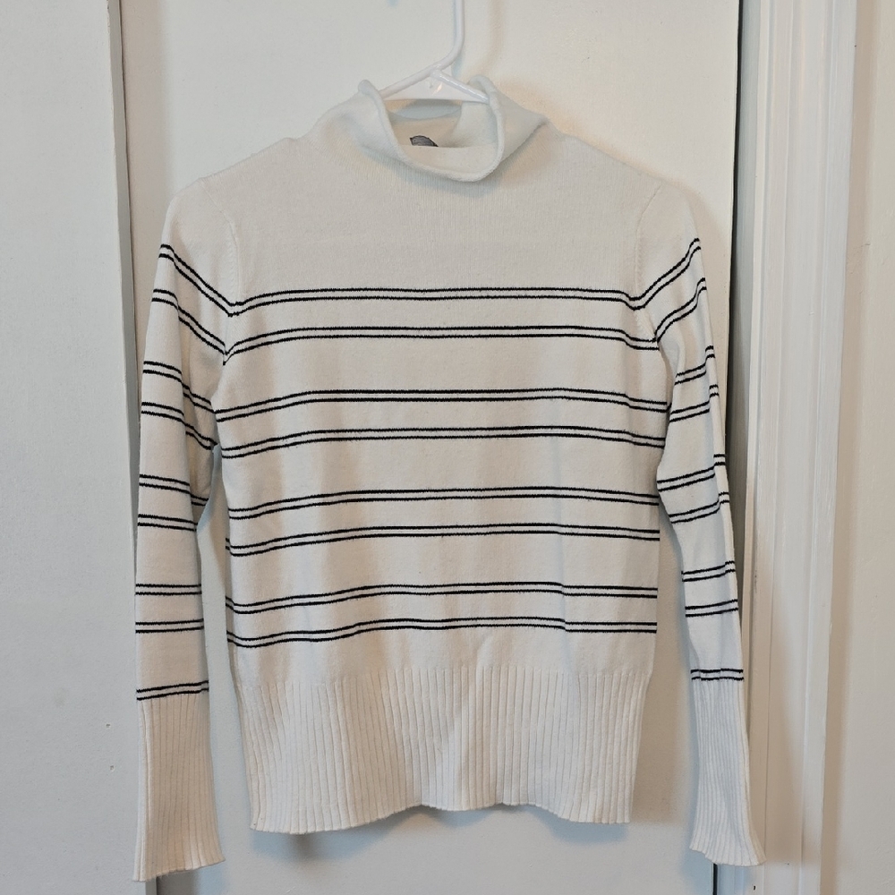 French Connection White and Black Striped Turtleneck Sweater